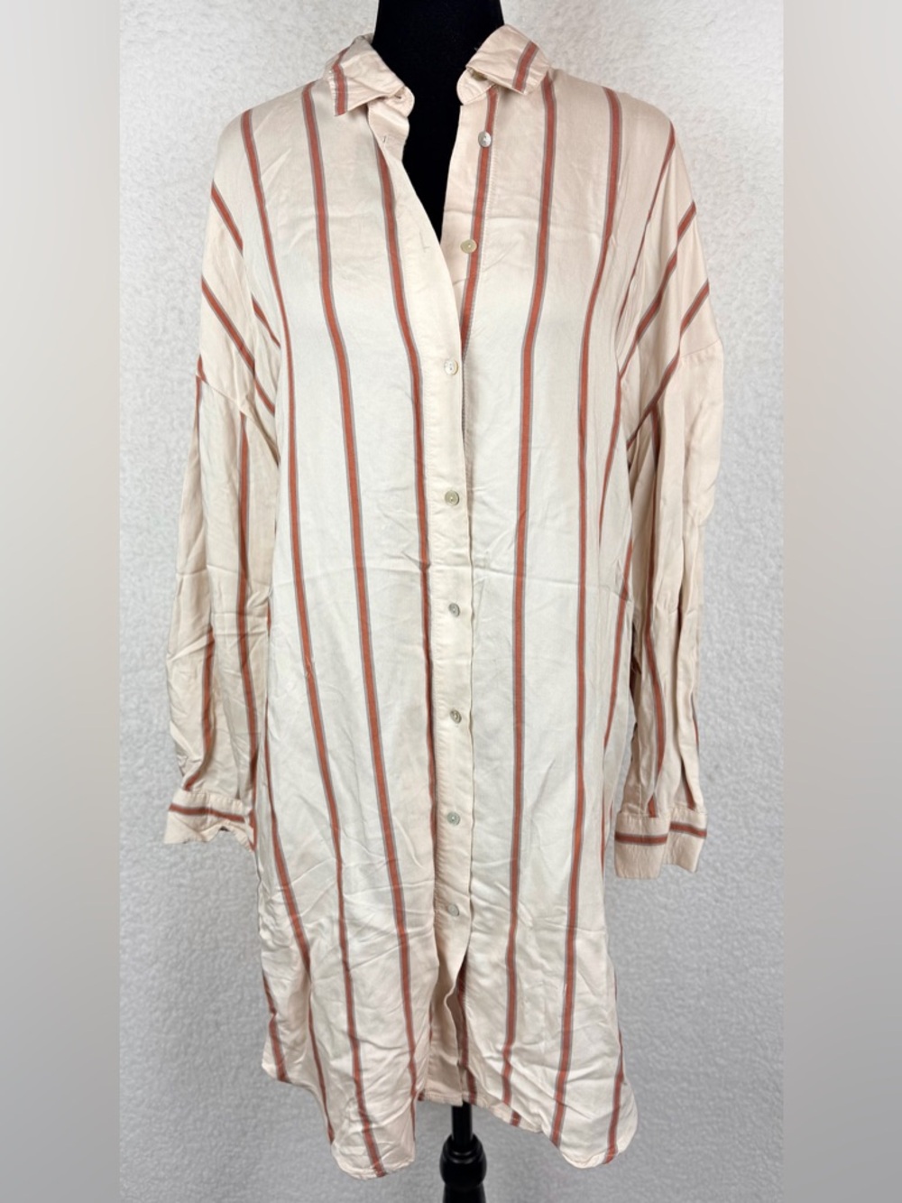 ZARA • Cream/Rust Striped Long Sleeve Button-Down Mini Shirt Dress, S - Picture 9 of 13